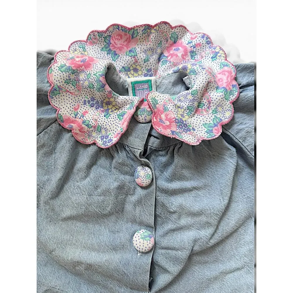 Vintage Little Me Blue Chambray Floral Collar Baby Romper | 6–9 Months